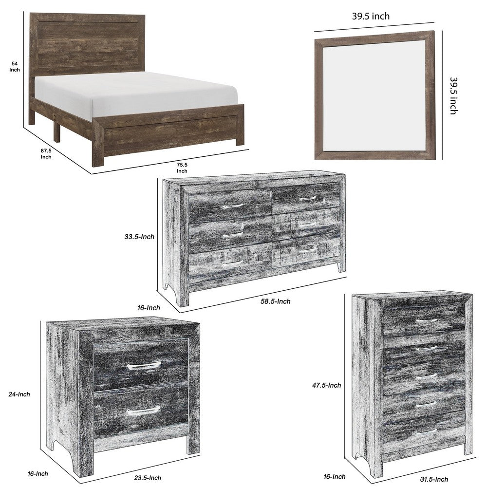 King Size Bedroom Set, Brown Finish, Panel Design, 5-Piece Set with Bed, 2 Nightstands, Dresser and Chest