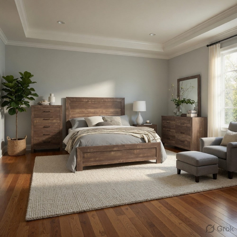 King Size Bedroom Set, Brown Finish, Panel Design, 5-Piece Set with Bed, 2 Nightstands, Dresser and Chest