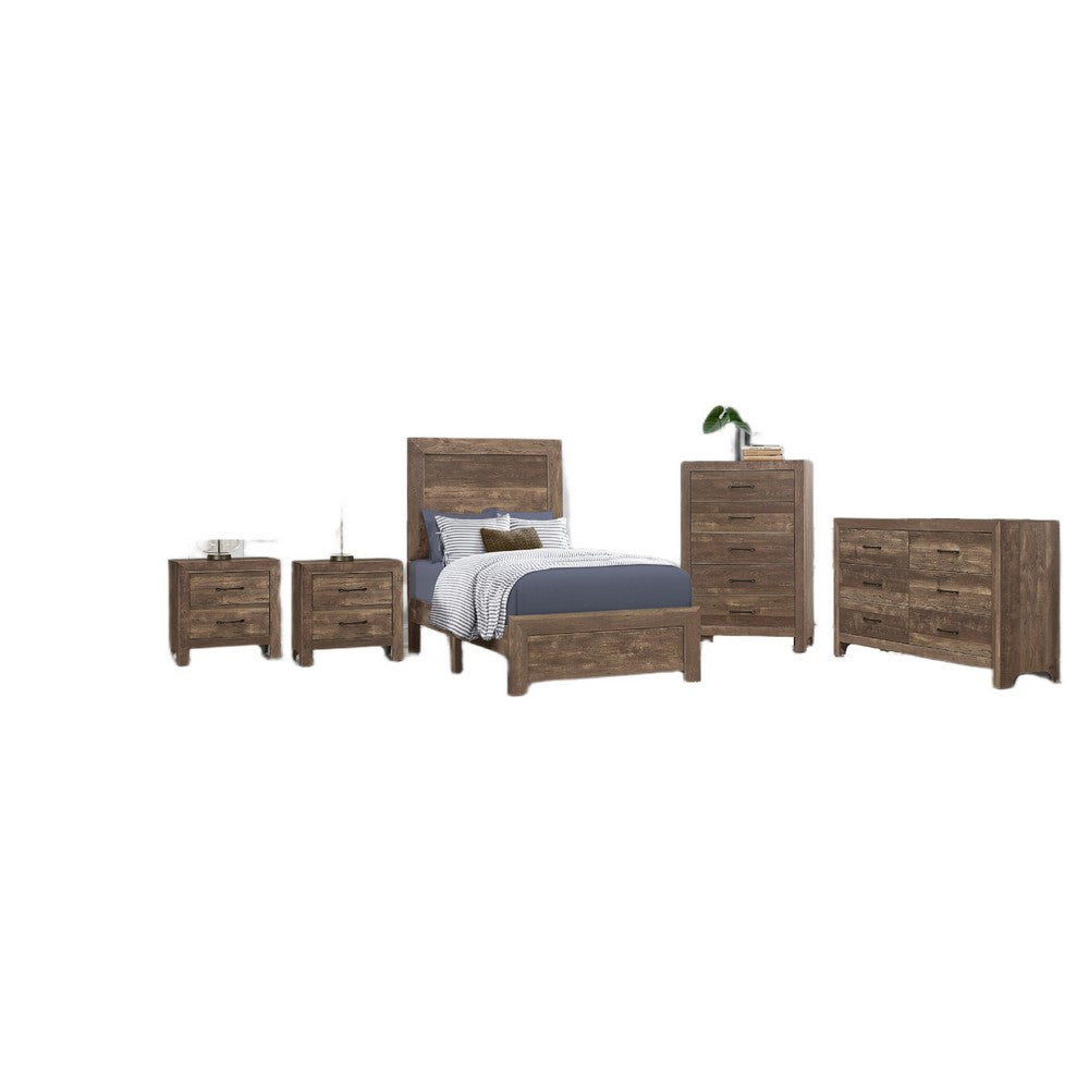 King Size Bedroom Set, Brown Finish, Panel Design, 5-Piece Set with Bed, 2 Nightstands, Dresser and Chest