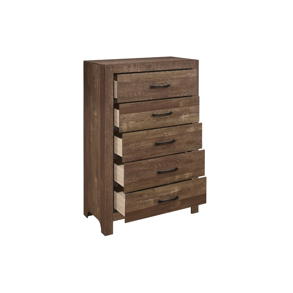 King Size Bedroom Set, Brown Finish, Panel Design, 5-Piece Set with Bed, 2 Nightstands, Dresser and Chest