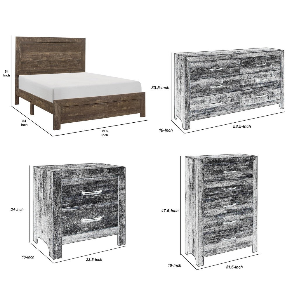 King Size Bedroom Set, Brown Finish, Panel Design, 5-Piece Set with Bed, 2 Nightstands, Dresser and Chest