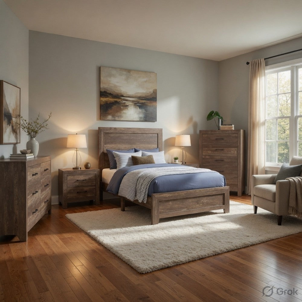 King Size Bedroom Set, Brown Finish, Panel Design, 5-Piece Set with Bed, 2 Nightstands, Dresser and Chest