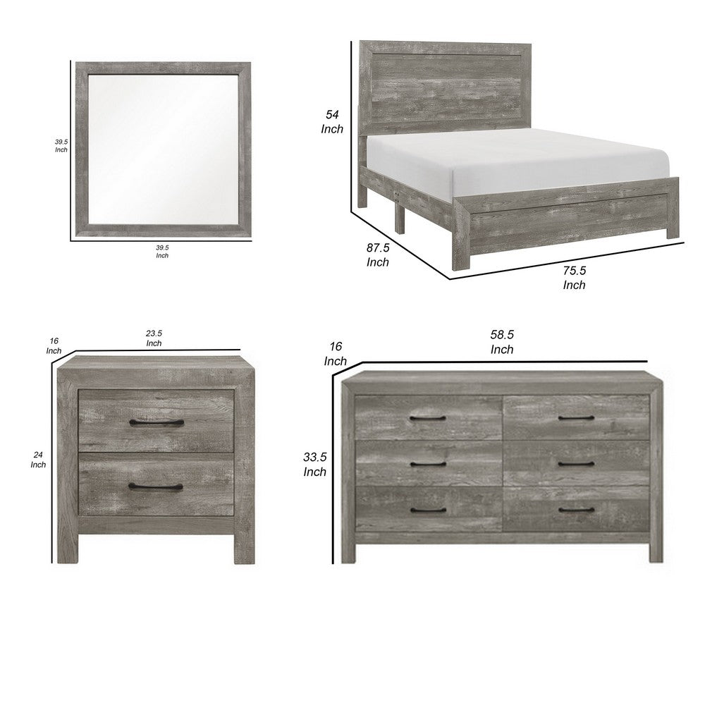 California King Bedroom Set, Farmhouse Style, Gray, 5 Piece Set with 2 Nightstands, Dresser, and Mirror