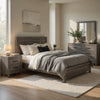 California King Bedroom Set, Farmhouse Style, Gray, 5 Piece Set with 2 Nightstands, Dresser, and Mirror