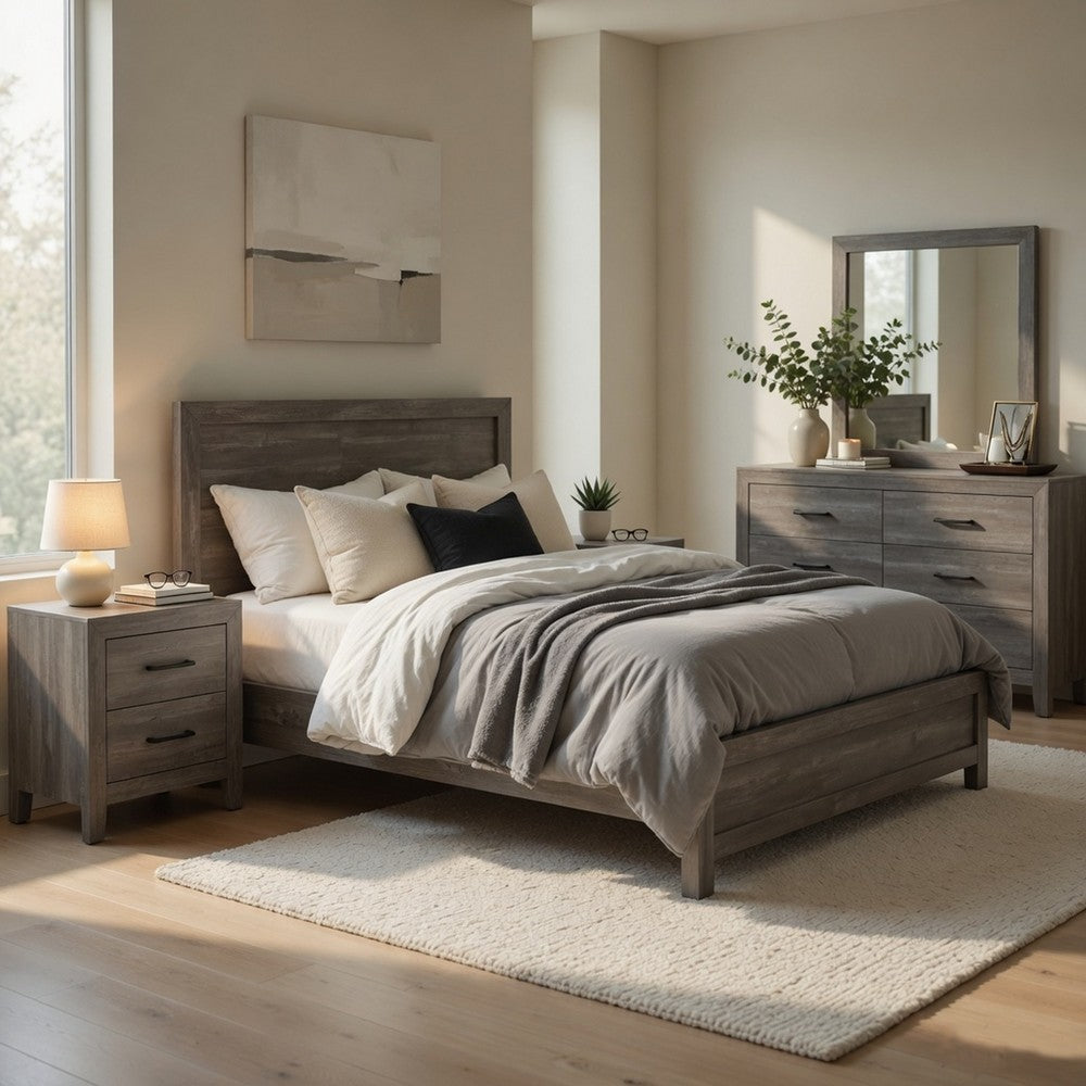 California King Bedroom Set, Farmhouse Style, Gray, 5 Piece Set with 2 Nightstands, Dresser, and Mirror