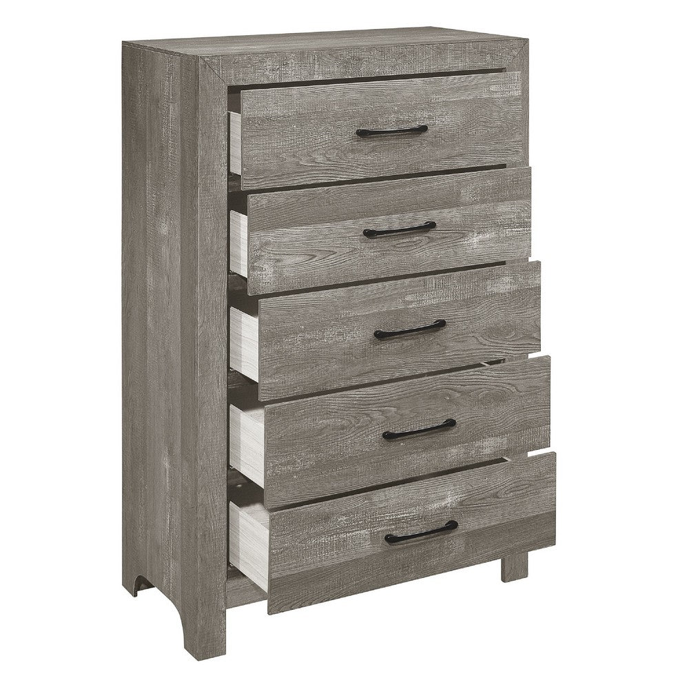 California King Bedroom Set, Farmhouse Style, Gray, 5 Piece Set with 2 Nightstands, Dresser, and Chest