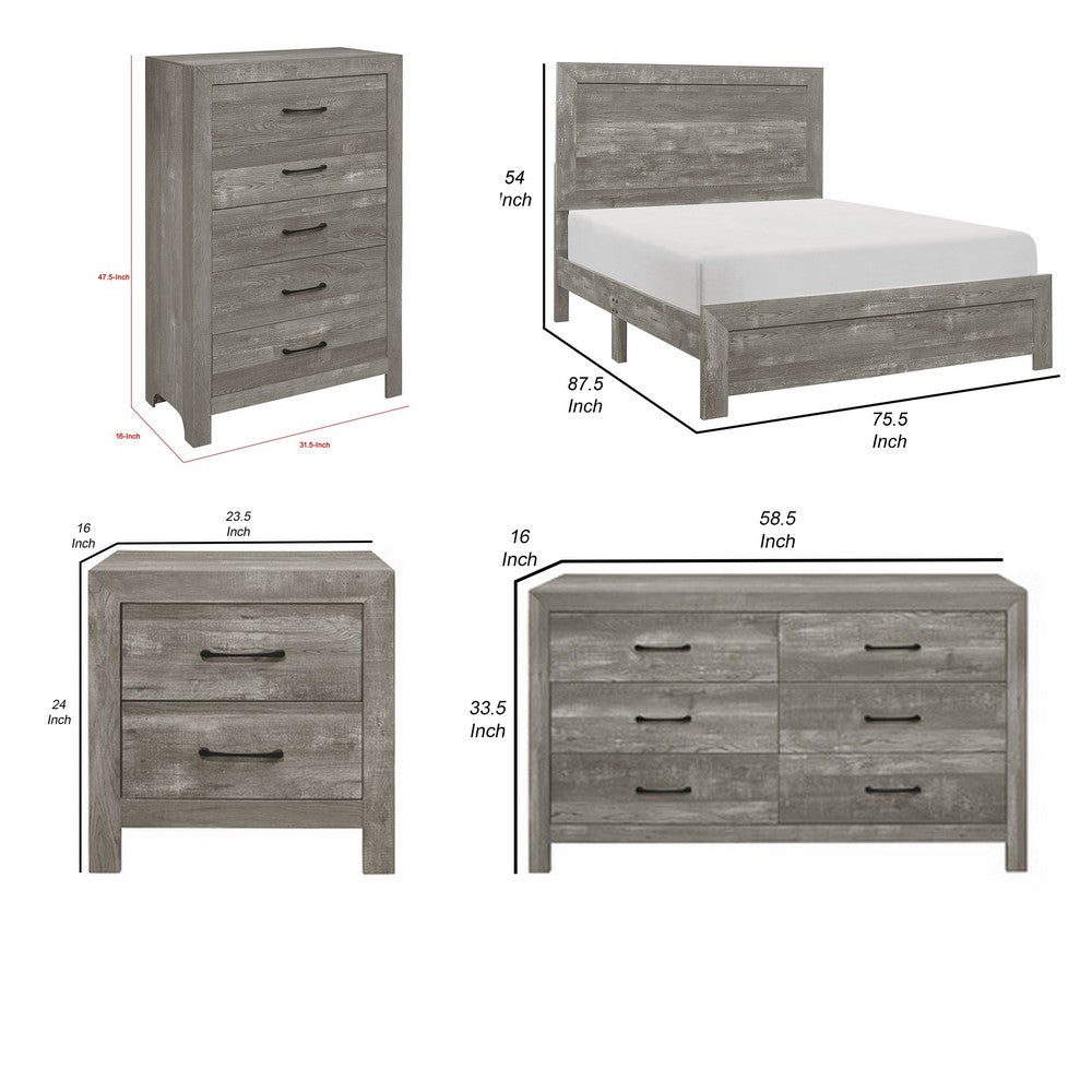California King Bedroom Set, Farmhouse Style, Gray, 5 Piece Set with 2 Nightstands, Dresser, and Chest