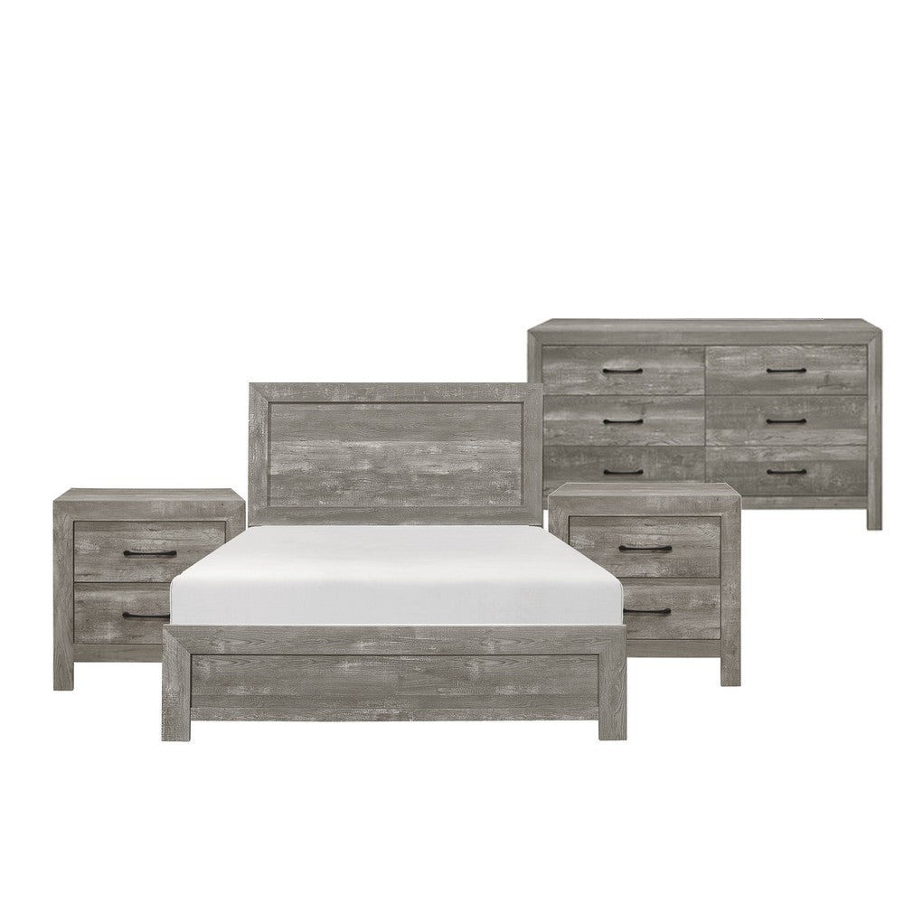 California King Bedroom Set, Farmhouse Style, Gray, 4 Piece Set with 2 Nightstands and Dresser