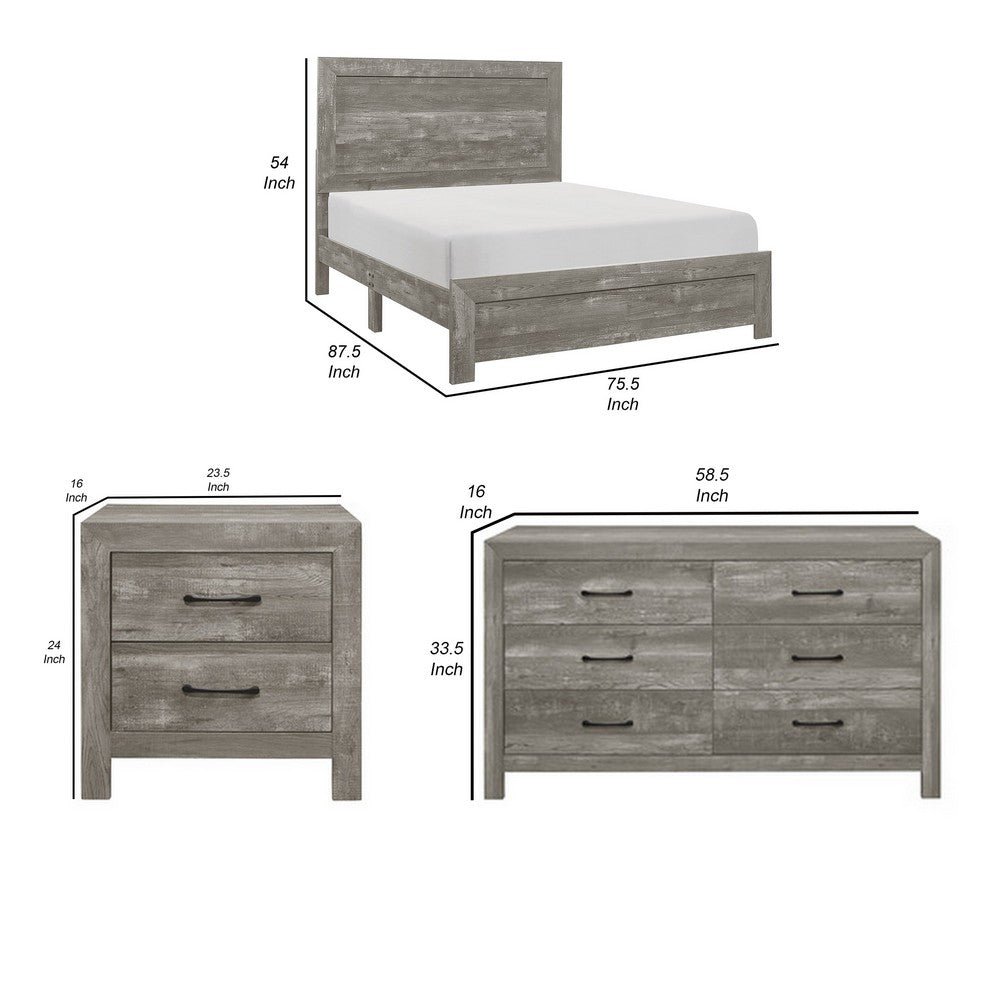 California King Bedroom Set, Farmhouse Style, Gray, 4 Piece Set with 2 Nightstands and Dresser