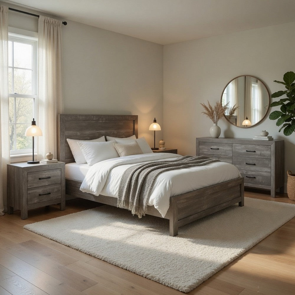 California King Bedroom Set, Farmhouse Style, Gray, 4 Piece Set with 2 Nightstands and Dresser