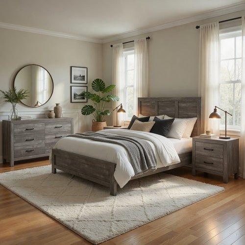 California King Bedroom Set, Farmhouse Style, Gray, 4 Piece Set with 2 Nightstands and Dresser