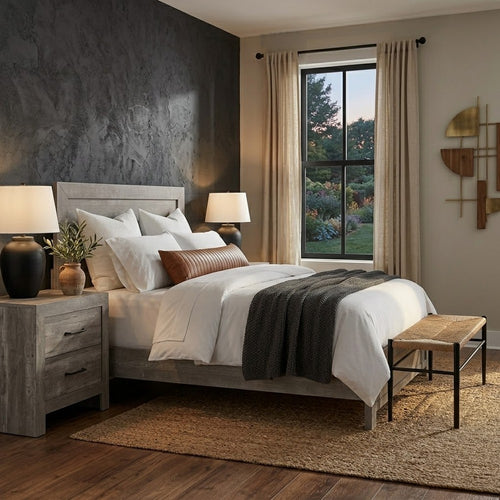 California King Bedroom Set, Farmhouse Style, Gray, 2 Piece Set with Nightstand