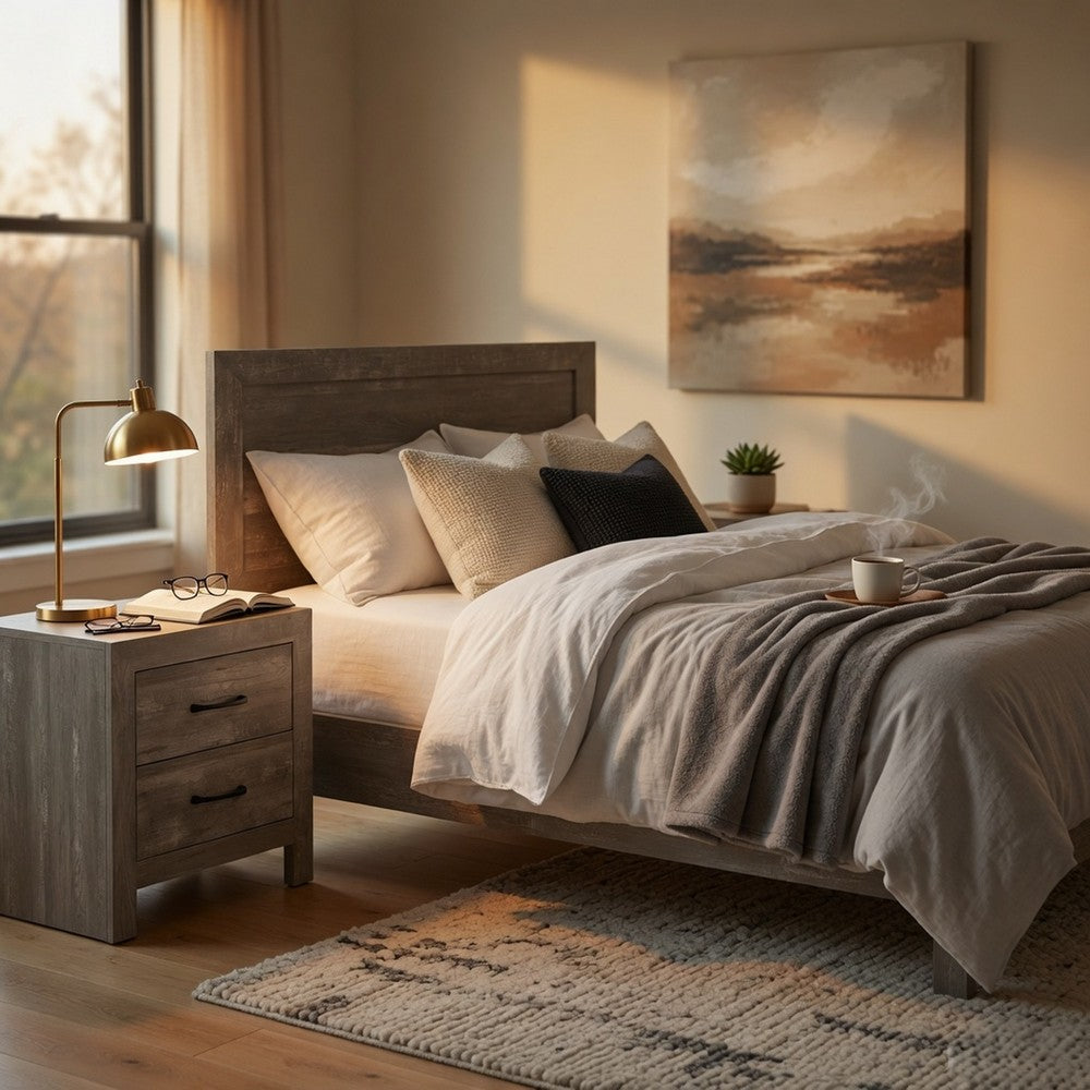 California King Bedroom Set, Farmhouse Style, Gray, 3 Piece Set with 2 Nightstands