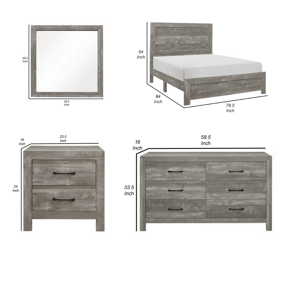 King Bedroom Set, Farmhouse Style, Gray, 5 Piece Set with 2 Nightstands, Dresser, and Mirror