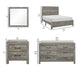 King Bedroom Set, Farmhouse Style, Gray, 5 Piece Set with 2 Nightstands, Dresser, and Mirror