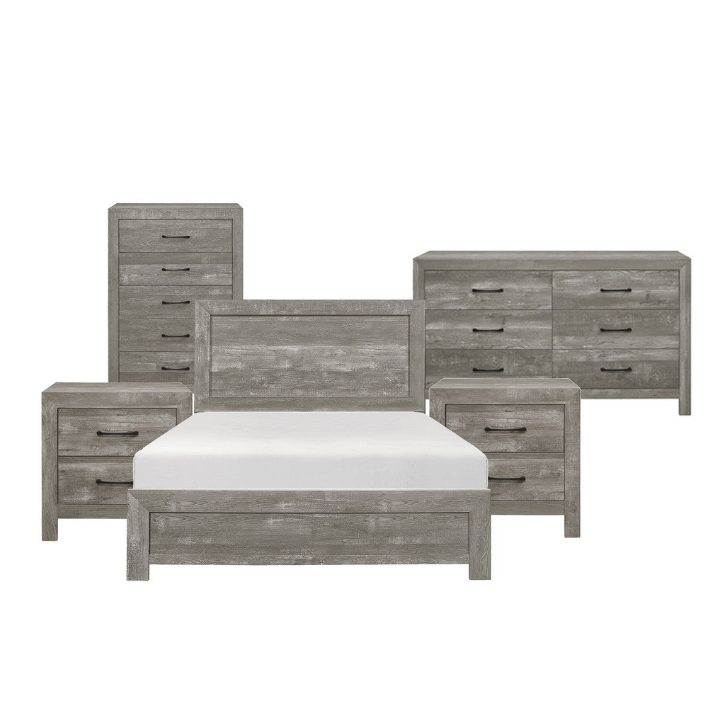 King Bedroom Set, Farmhouse Style, Gray, 5 Piece Set with 2 Nightstands, Dresser, and Chest