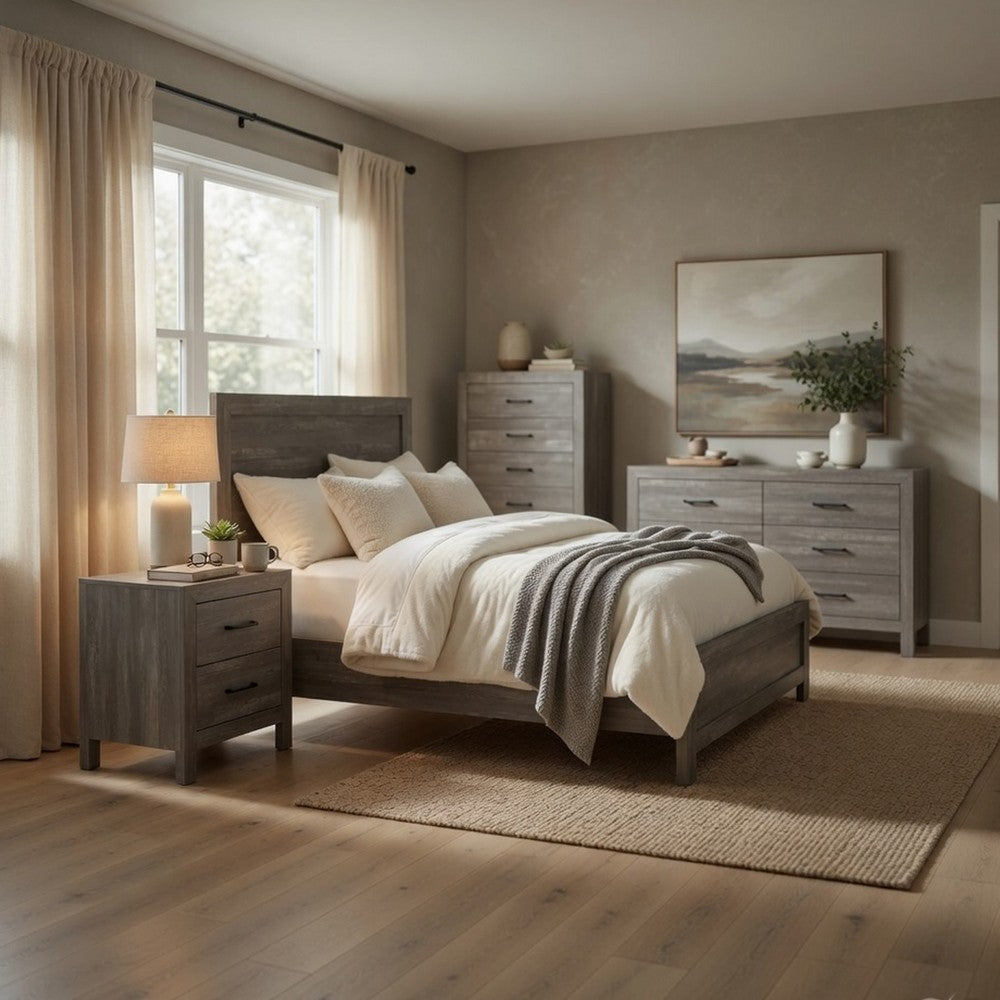 King Bedroom Set, Farmhouse Style, Gray, 5 Piece Set with 2 Nightstands, Dresser, and Chest