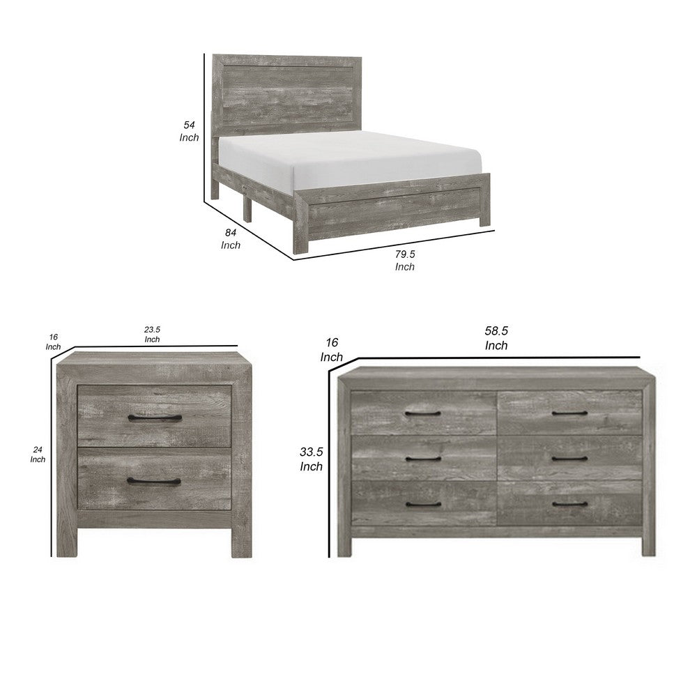 King Bedroom Set, Farmhouse Style, Gray, 4 Piece Set with 2 Nightstands and Dresser
