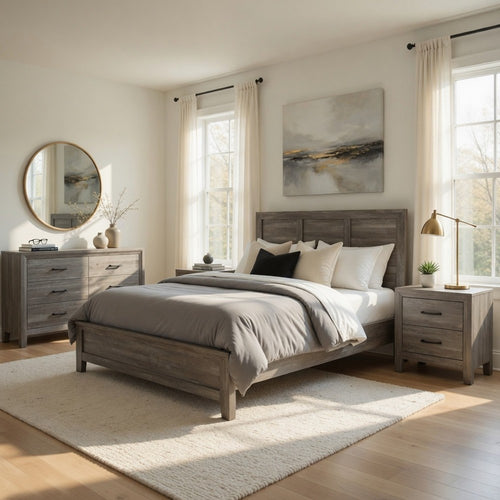 King Bedroom Set, Farmhouse Style, Gray, 4 Piece Set with 2 Nightstands and Dresser