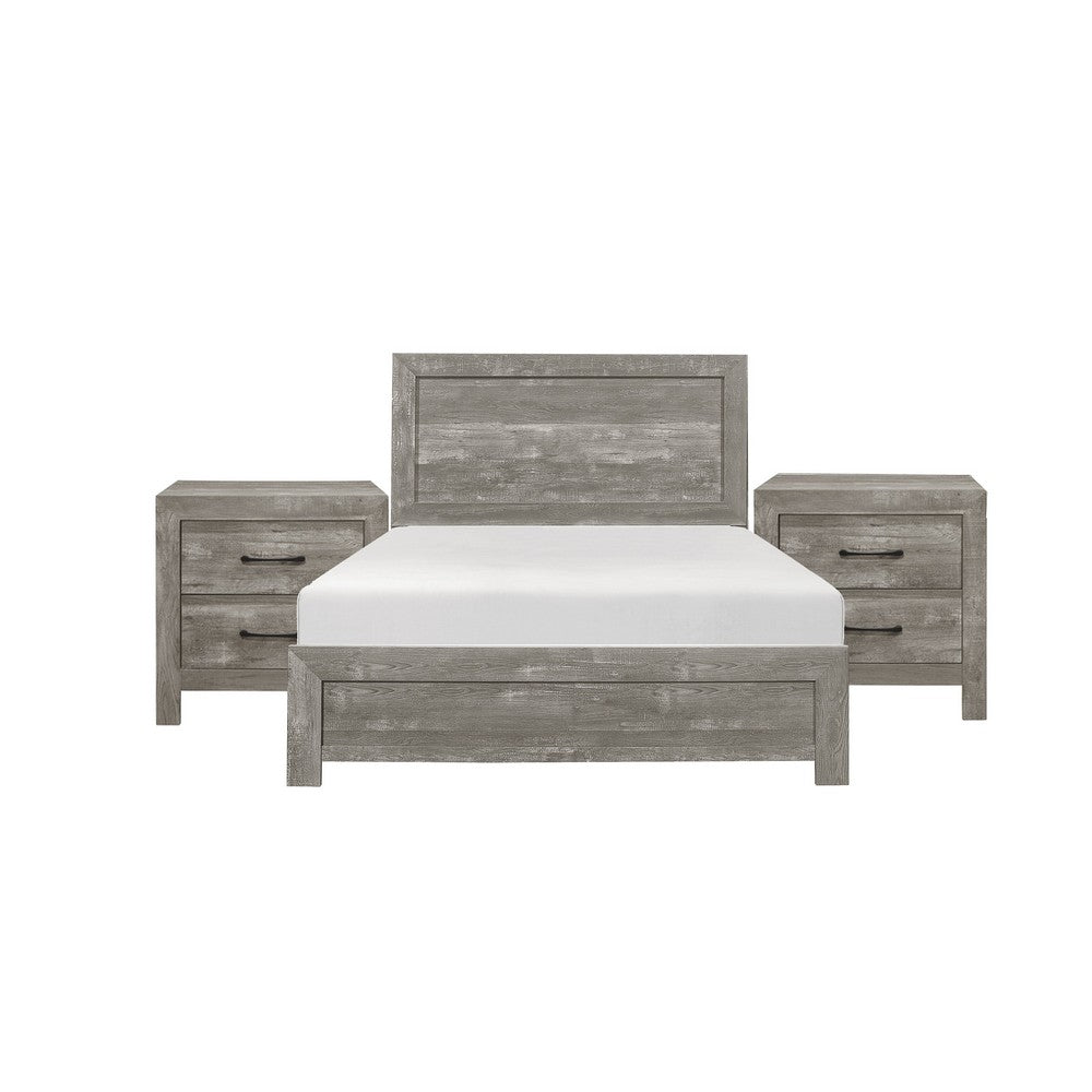 King Bedroom Set, Farmhouse Style, Gray, 3 Piece Set with 2 Nightstands