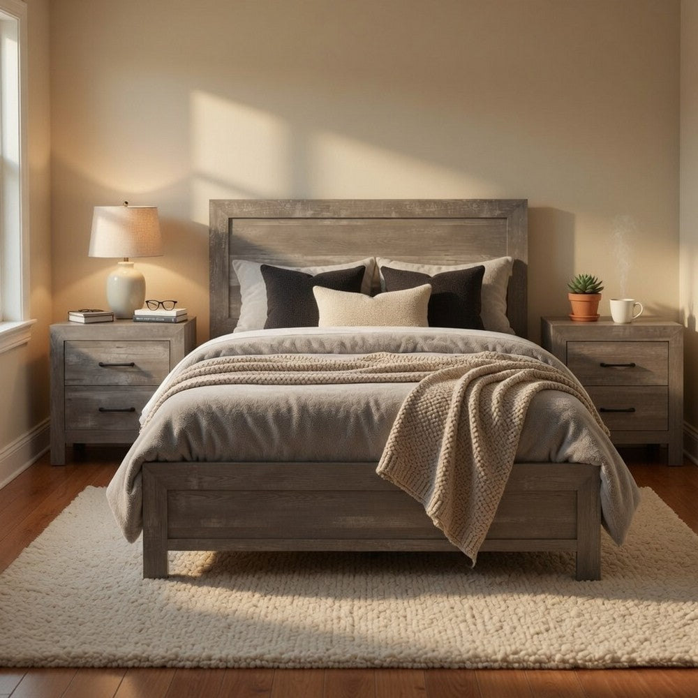 King Bedroom Set, Farmhouse Style, Gray, 3 Piece Set with 2 Nightstands