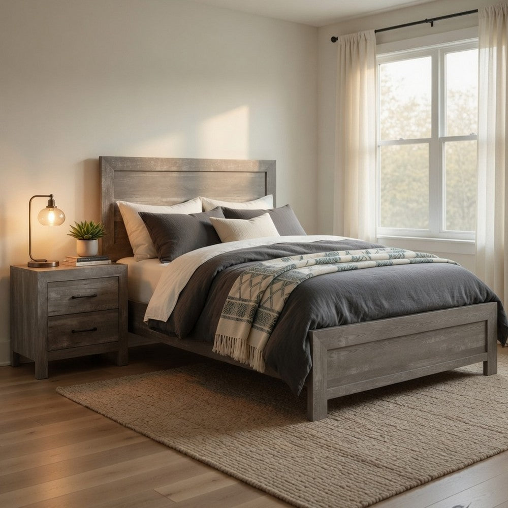 King Bedroom Set, Farmhouse Style, Gray, 2 Piece Set with Nightstand