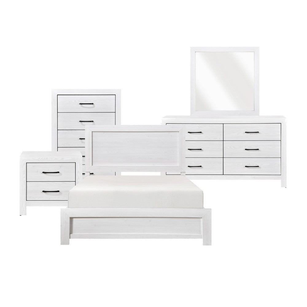 Full Bedroom Set, Farmhouse Style, Black, White, 5 Piece Set with Nightstand, Dresser, Mirror, and Chest