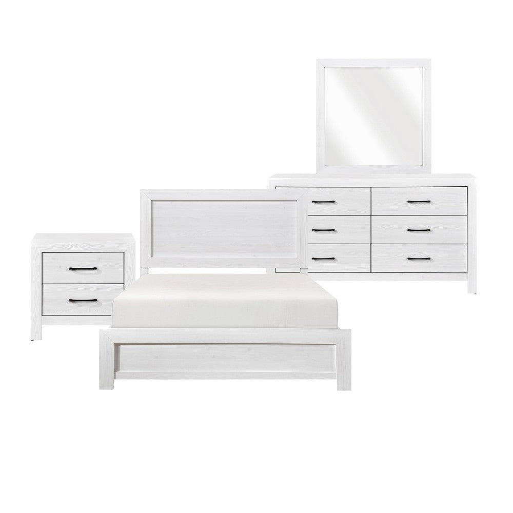 Full Bedroom Set, Farmhouse Style, Black, White, 4 Piece Set with Nightstand, Dresser, and Mirror