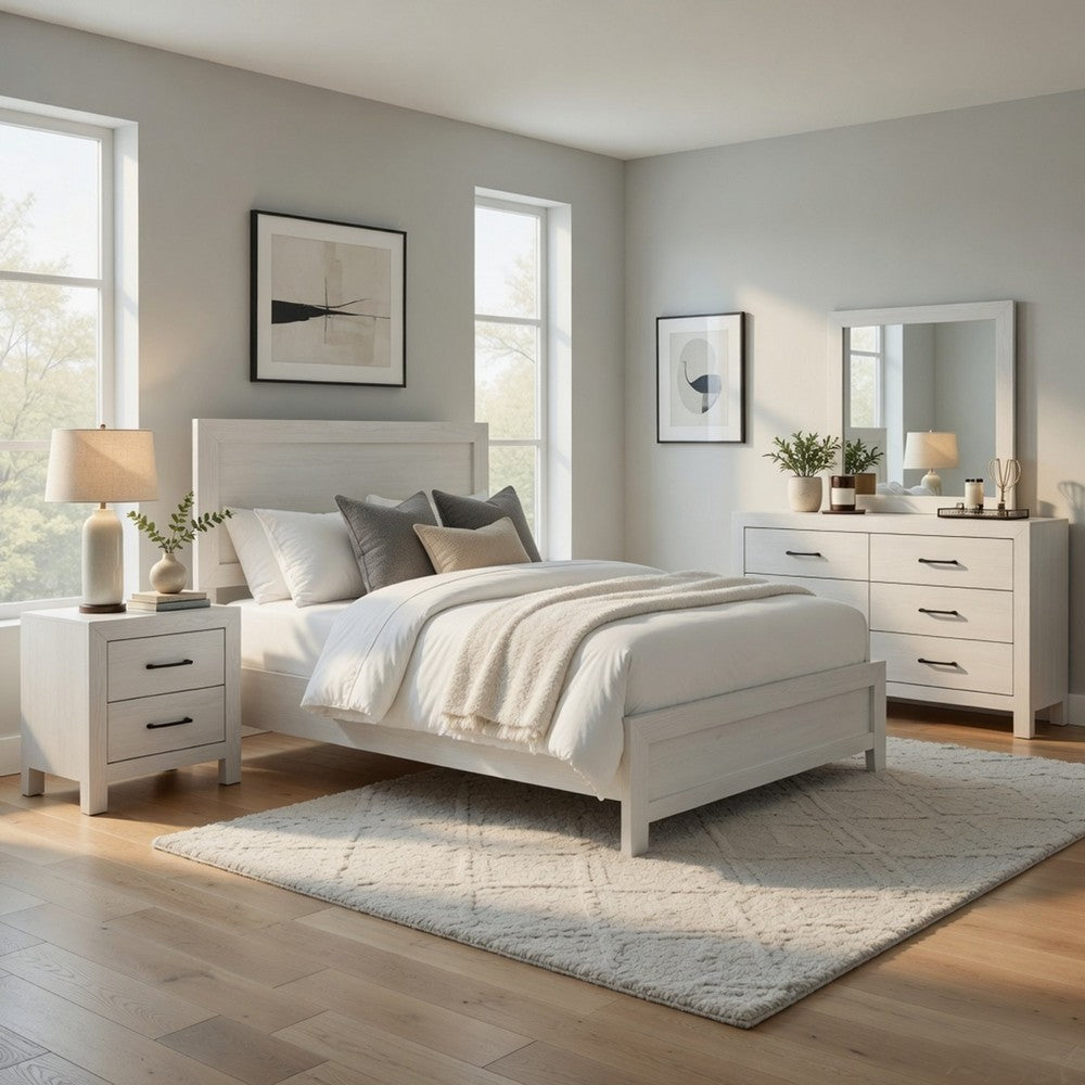 Full Bedroom Set, Farmhouse Style, Black, White, 4 Piece Set with Nightstand, Dresser, and Mirror