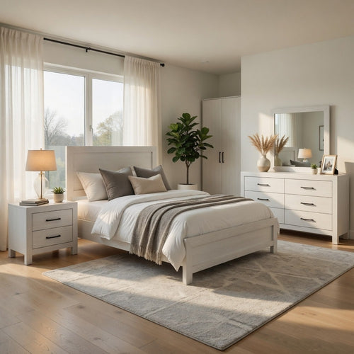 Full Bedroom Set, Farmhouse Style, Black, White, 4 Piece Set with Nightstand, Dresser, and Mirror