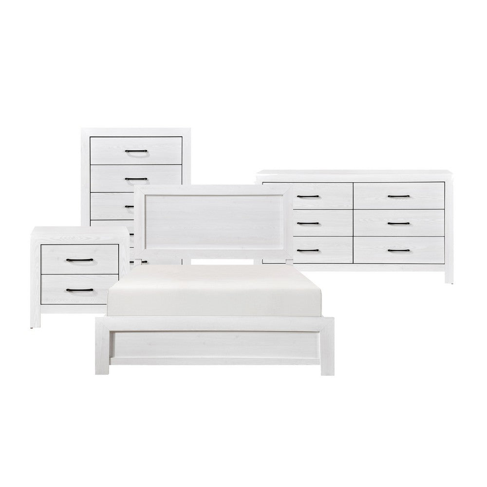 Full Bedroom Set, Farmhouse Style, Black, White, 4 Piece Set with Nightstand, Dresser, and Chest