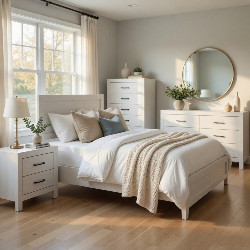 Full Bedroom Set, Farmhouse Style, Black, White, 4 Piece Set with Nightstand, Dresser, and Chest