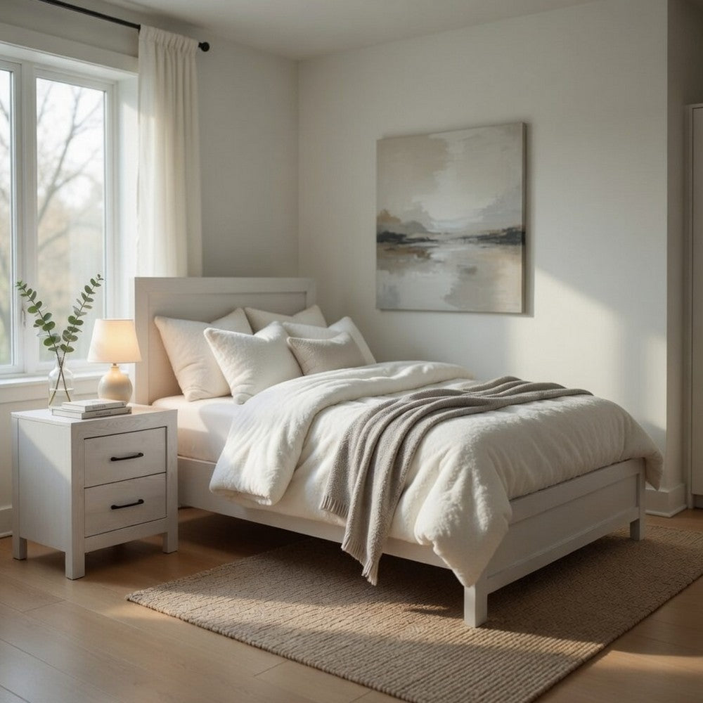 Full Bedroom Set, Farmhouse Style, Black, White, 2 Piece Set with Nightstand