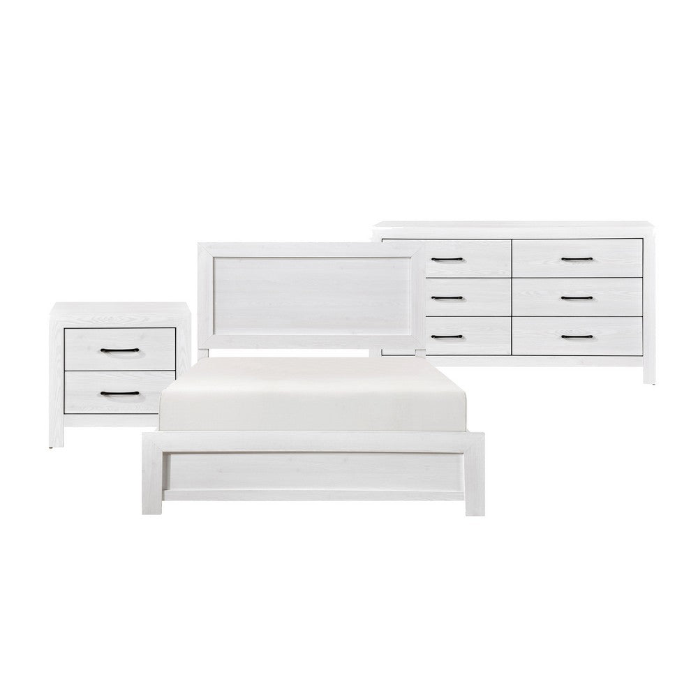 Full Bedroom Set, Farmhouse Style, Black, White, 3 Piece Set with Nightstand and Dresser