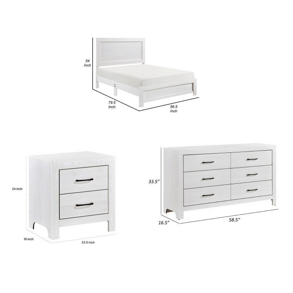 Full Bedroom Set, Farmhouse Style, Black, White, 3 Piece Set with Nightstand and Dresser