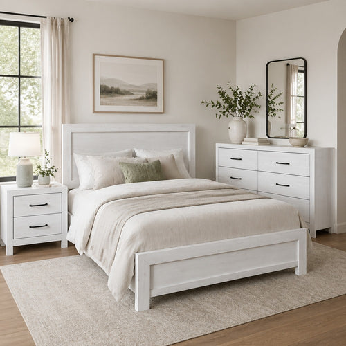 Full Bedroom Set, Farmhouse Style, Black, White, 3 Piece Set with Nightstand and Dresser