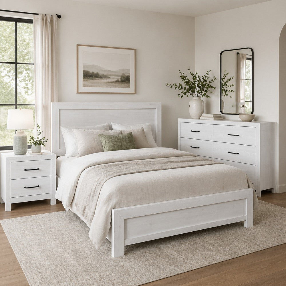 Full Bedroom Set, Farmhouse Style, Black, White, 3 Piece Set with Nightstand and Dresser