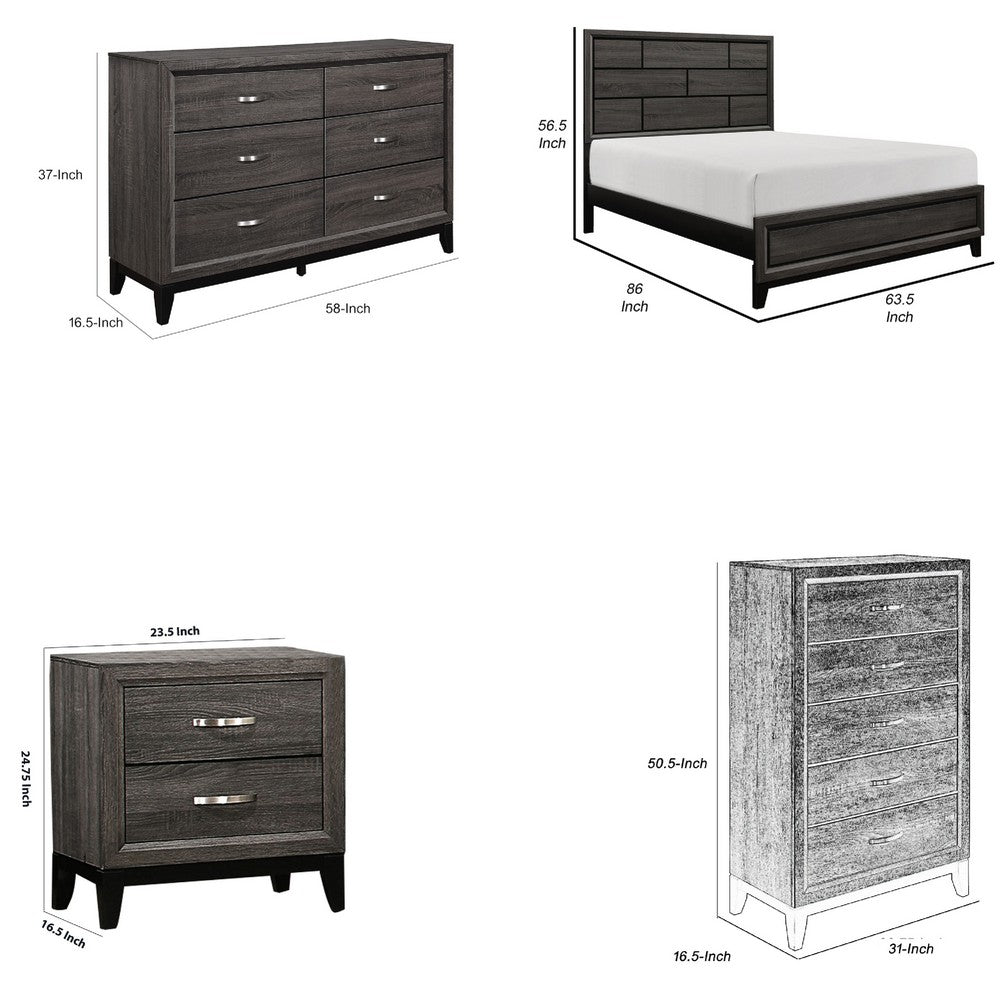 Queen Bedroom Set, Drawer Storage, Gray, 4 Piece Set with Nightstand, Dresser, and Chest