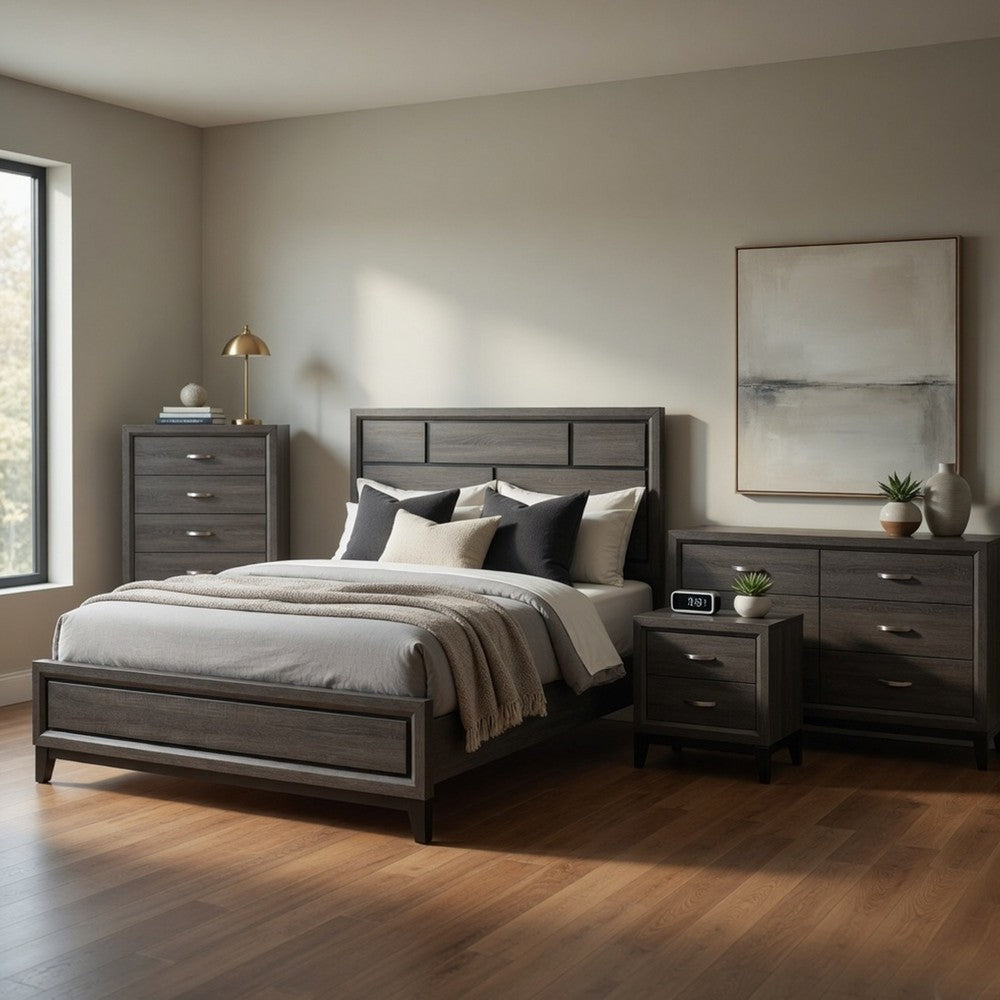 Queen Bedroom Set, Drawer Storage, Gray, 4 Piece Set with Nightstand, Dresser, and Chest