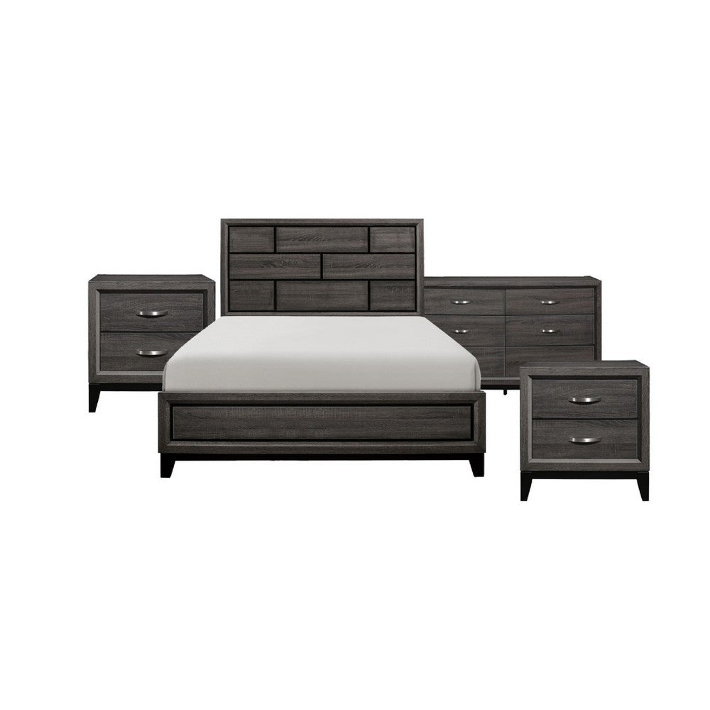 Queen Bedroom Set, Drawer Storage, Gray, 4 Piece Set with 2 Nightstands and Dresser