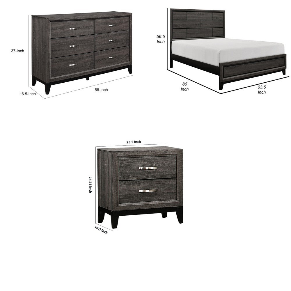 Queen Bedroom Set, Drawer Storage, Gray, 4 Piece Set with 2 Nightstands and Dresser