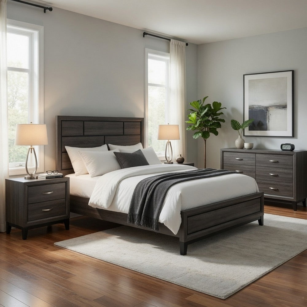 Queen Bedroom Set, Drawer Storage, Gray, 4 Piece Set with 2 Nightstands and Dresser