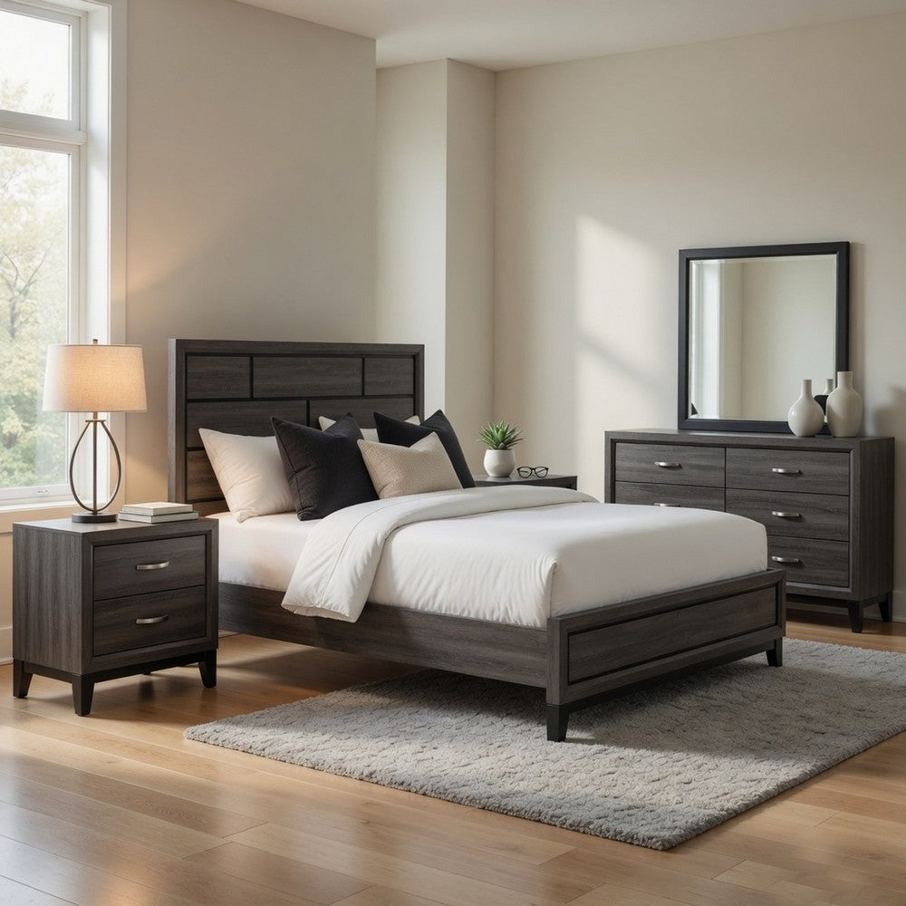 Queen Bedroom Set, Drawer Storage, Gray, 4 Piece Set with 2 Nightstands and Dresser
