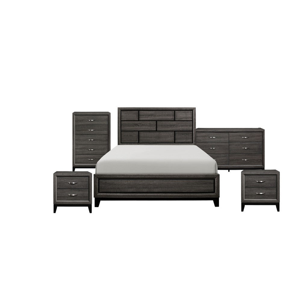 Queen Bedroom Set, Drawer Storage, Gray, 5 Piece Set with 2 Nightstands, Dresser, and Chest
