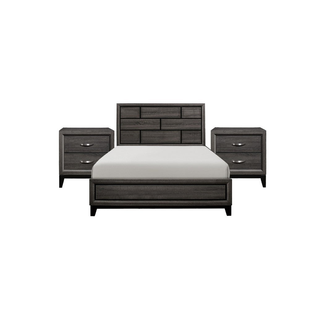 Queen Bedroom Set, Drawer Storage, Gray, 3 Piece Set with 2 Nightstands