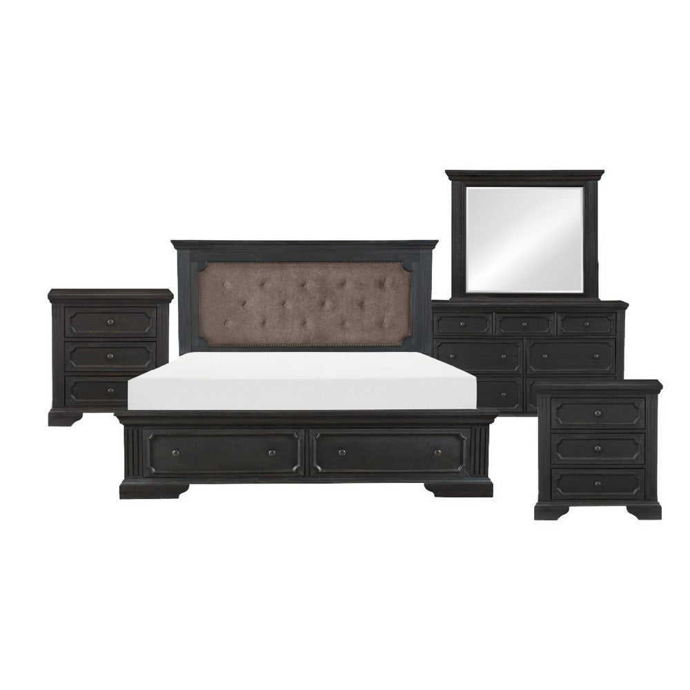 Queen Bedroom Set, Drawer Storage, Gray, 5 Piece Set with 2 Nightstands, Dresser, and Mirror