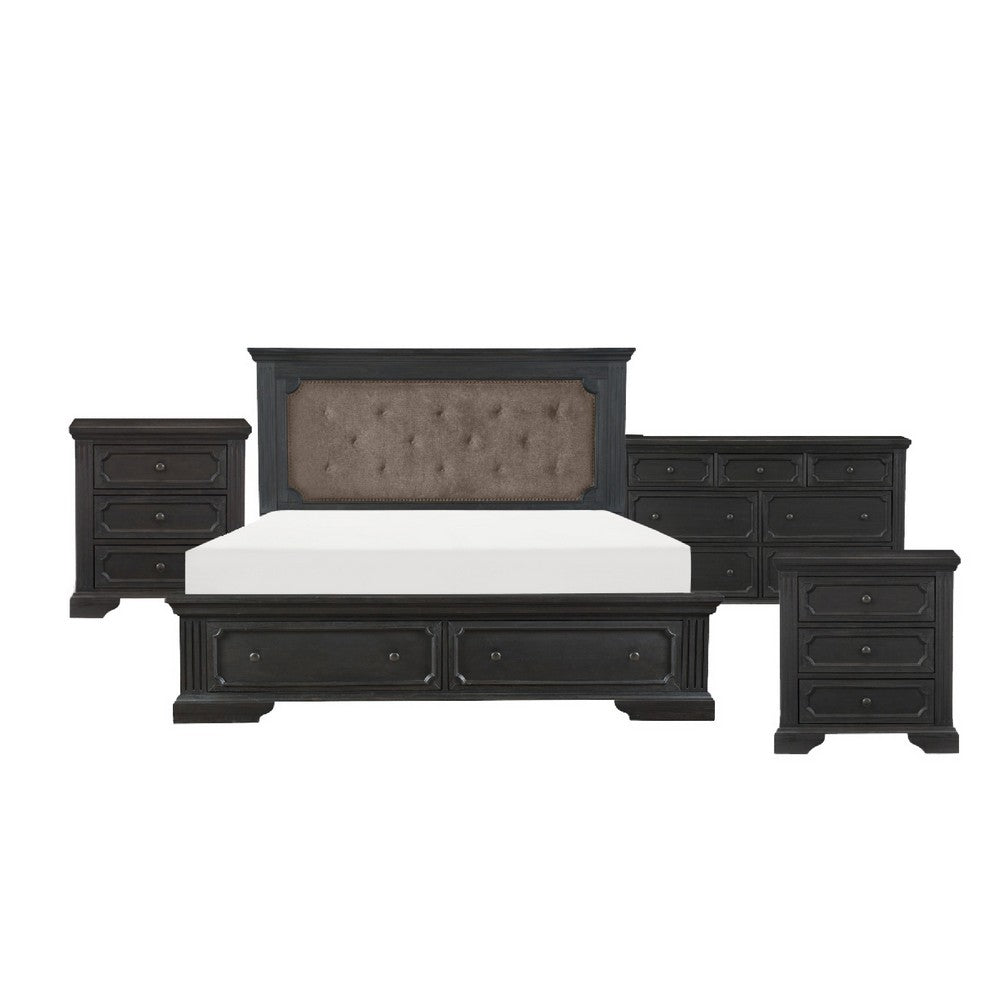 Queen Bedroom Set, Drawer Storage, Gray, 4 Piece Set with 2 Nightstands and Dresser