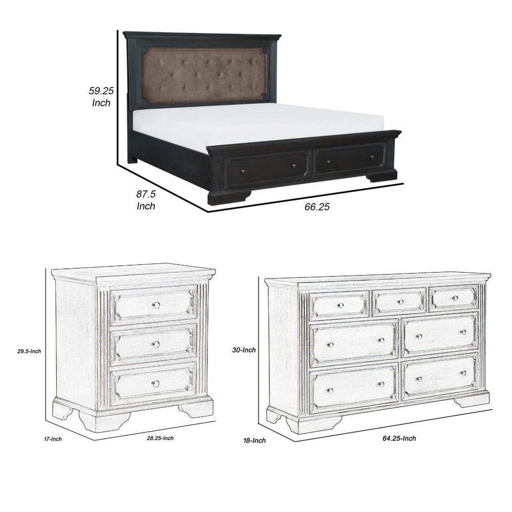 Queen Bedroom Set, Drawer Storage, Gray, 4 Piece Set with 2 Nightstands and Dresser