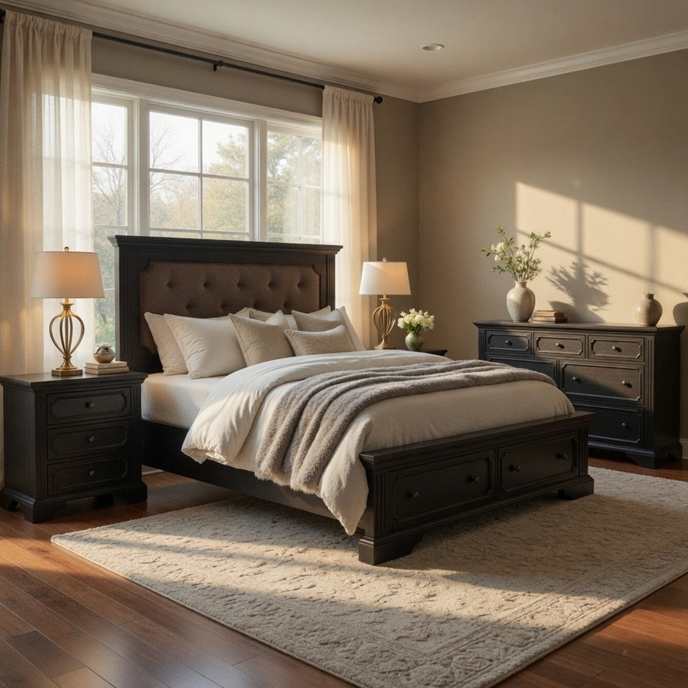 Queen Bedroom Set, Drawer Storage, Gray, 4 Piece Set with 2 Nightstands and Dresser