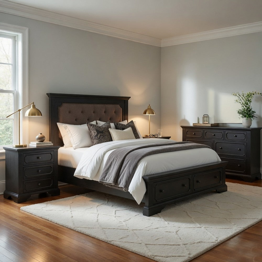 Queen Bedroom Set, Drawer Storage, Gray, 4 Piece Set with 2 Nightstands and Dresser